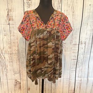 Edgy Boho Hippie Festival Embroidered Camo Babydoll Savannah Jane Blouse Sz M